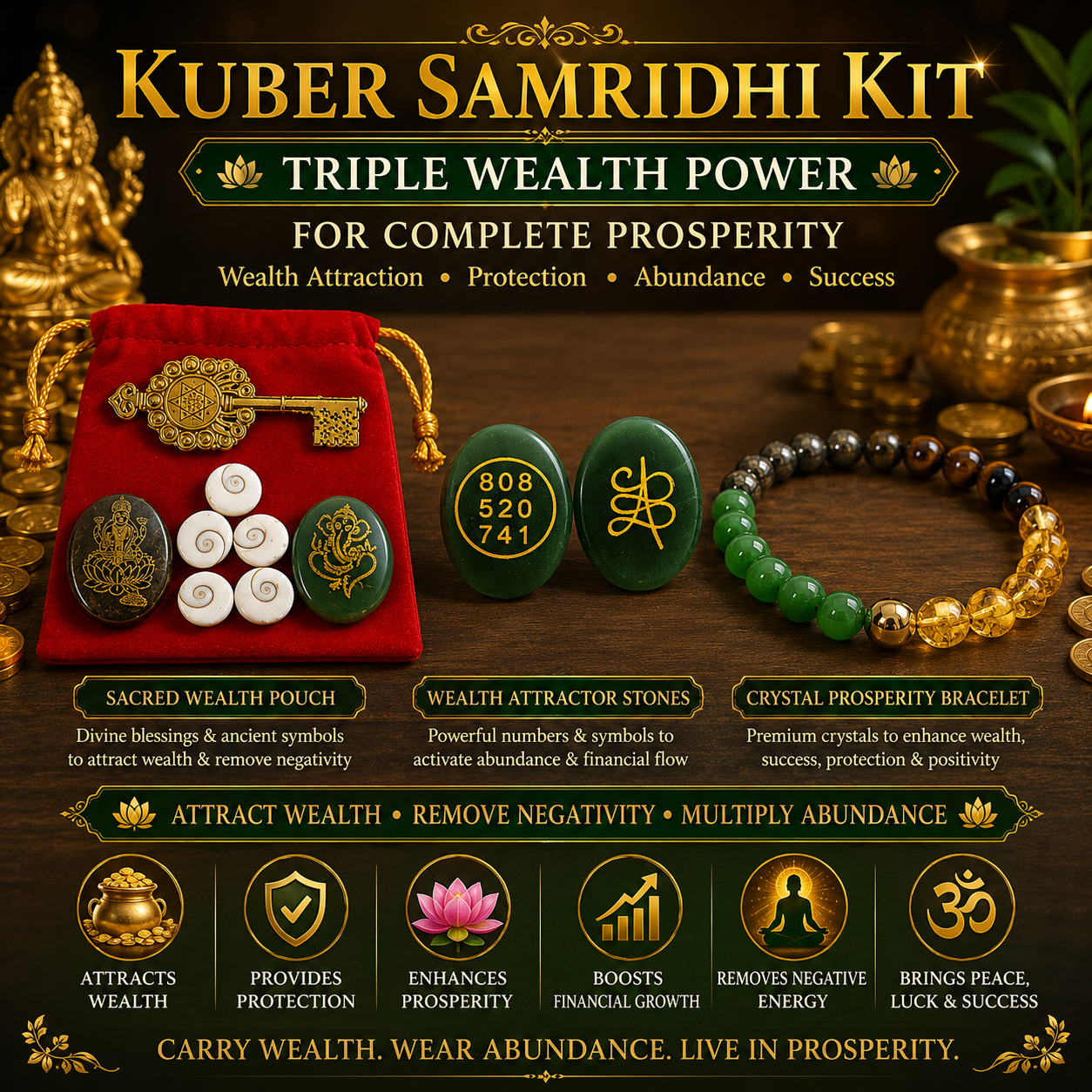 Kuber Samridhi Kit — Kuber Potli + Money Magnet Bracelet + Green Jade Zibu Coins